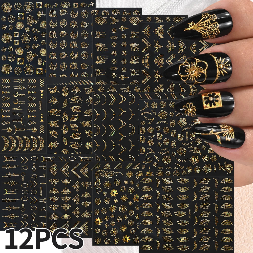 12Pcs 3D Laser Gold Silver Sun Star Moon Nail Stickers Y2K Snake/Starlight/Heart Adhesive Decals DIY Bronzing Nail Sliders