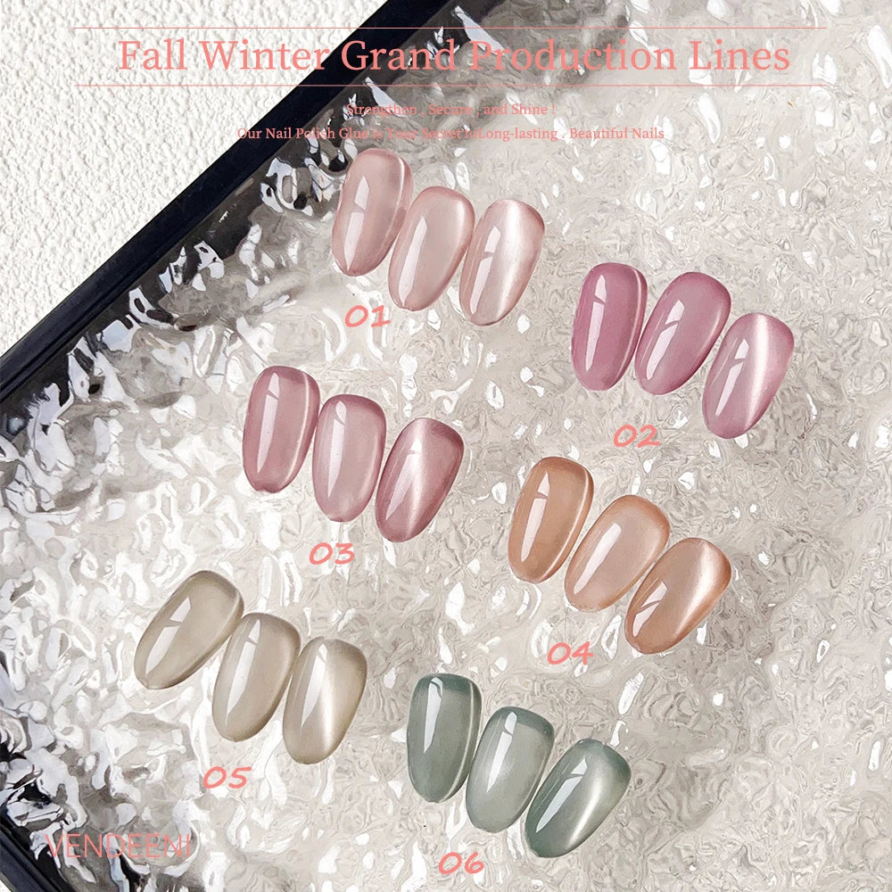 Vendeeni 6-Colors Set Pink Jelly Cat Eye Gel Nail Polish UV LED Nude Skin Crystal Magnetic Manicure Varnish with Color Card