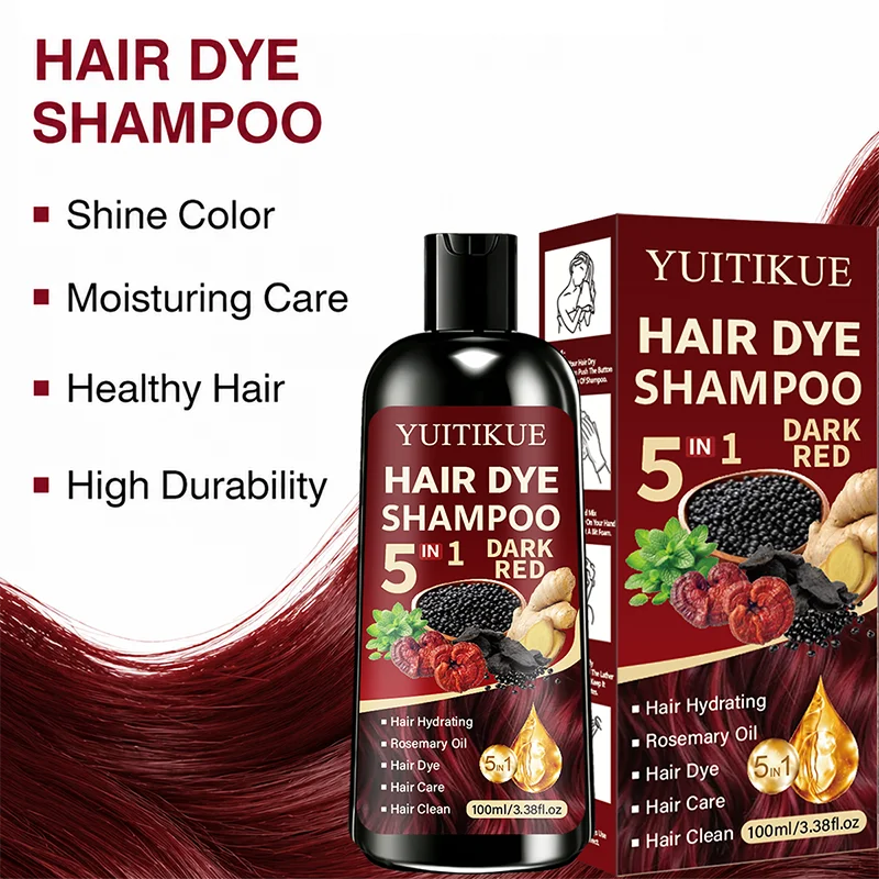 YUITIKUE 5 In 1 Hair Dye Shampoo Dark Red 100ml, Hydrating Rosemary Formula, Quick Color Shampoo For Gray White Hair