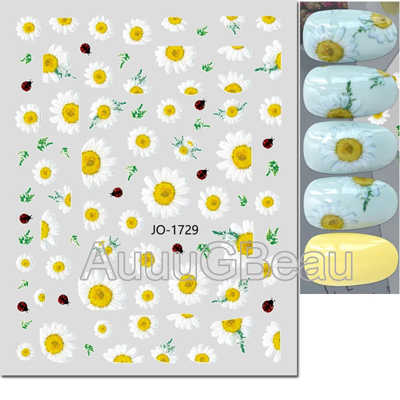 3d Nail Art Decals Geometric Lines Daisy Sunflowers Letters Adhesive Sliders Nail Stickers Decoration For Manicure