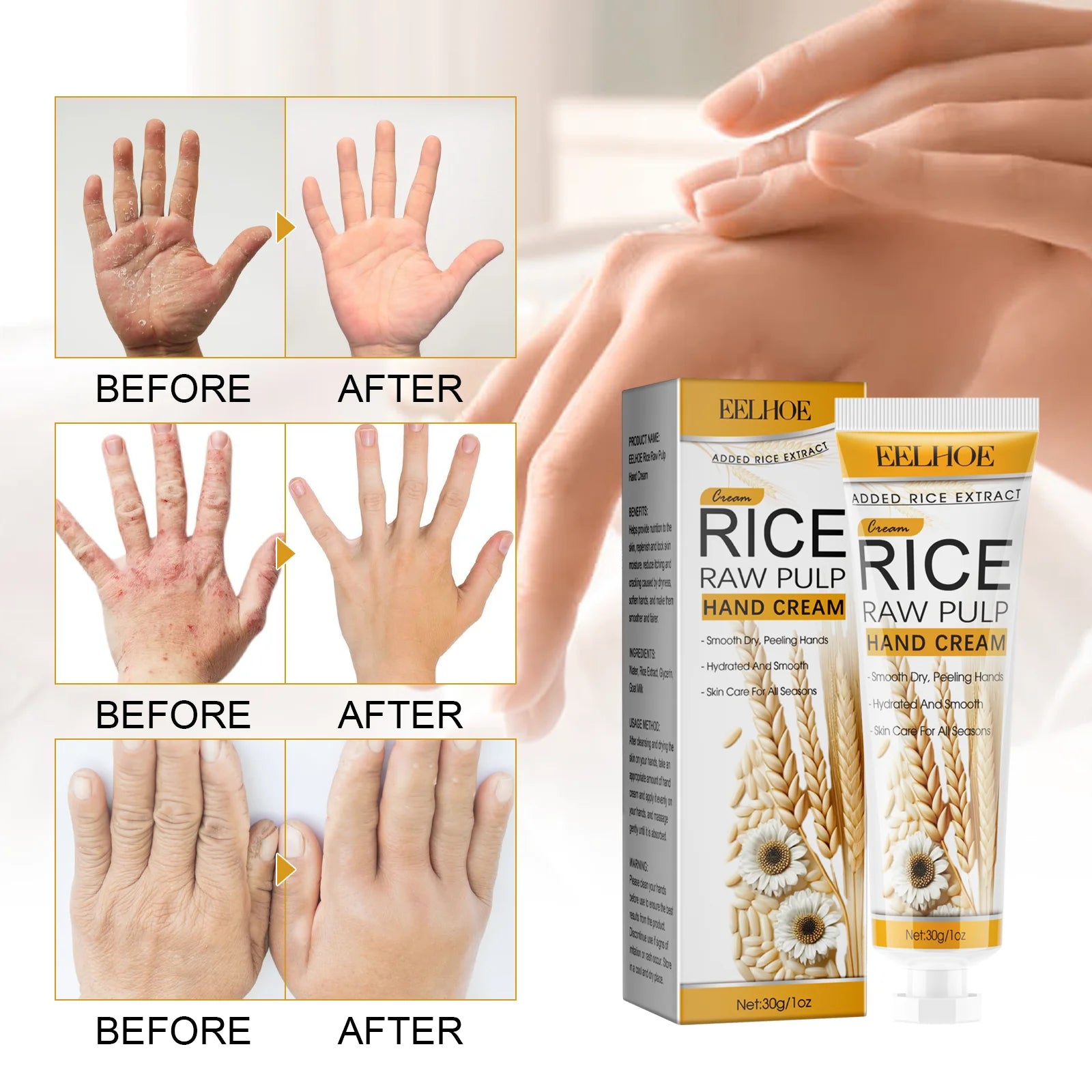 EELHOE Rice Extract Moisturizing Hand Cream for Dry Rough Hands  Brightening Skin Nourishing Itch Relief Gentle Care Hydration