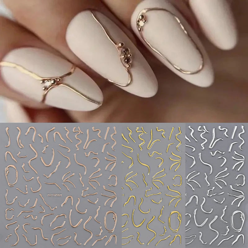 1pc Y2K-Inspired 3D Metallic Nail Stickers Geometric Marble & Bronzing Designs Nail Sliders Self-Adhesive Sparkling Manicure DIY