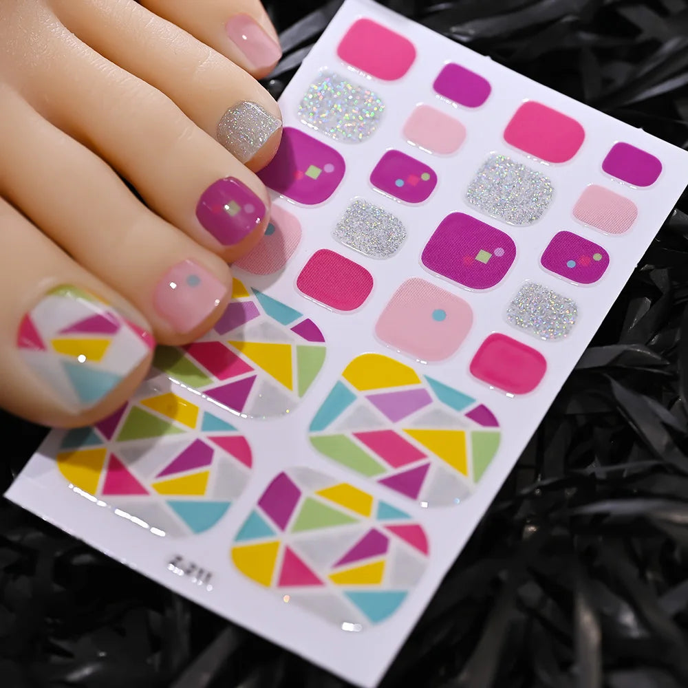 1pcs 22tips Gradient Glitter Full Toe Nail Wraps 3D Shiny Omber Pink/Purple/blue Toe Nail Polish Stickers Baking Free Toe Strips