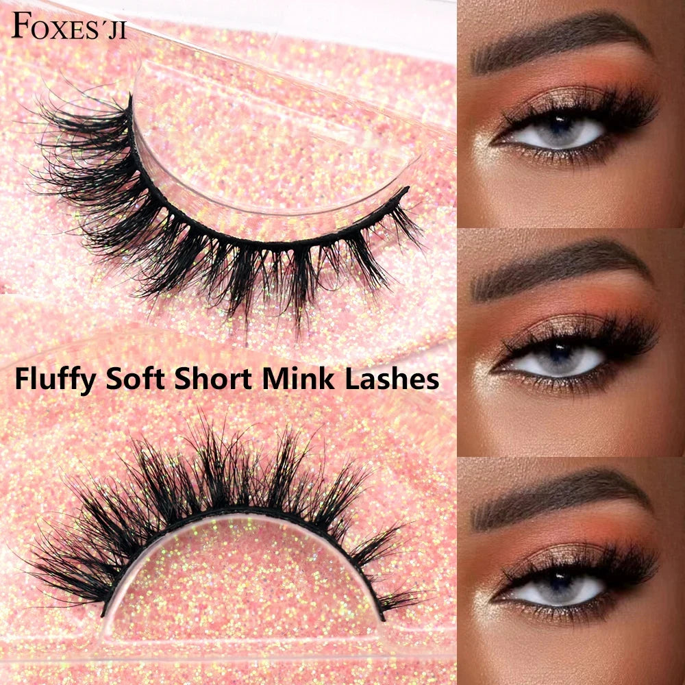 FOXESJI Real Mink Fluffy Short Eye Lashes Extension Wispy Soft Natural Short False Eyelashes Daily Wear Full Strip Lashes Makeup