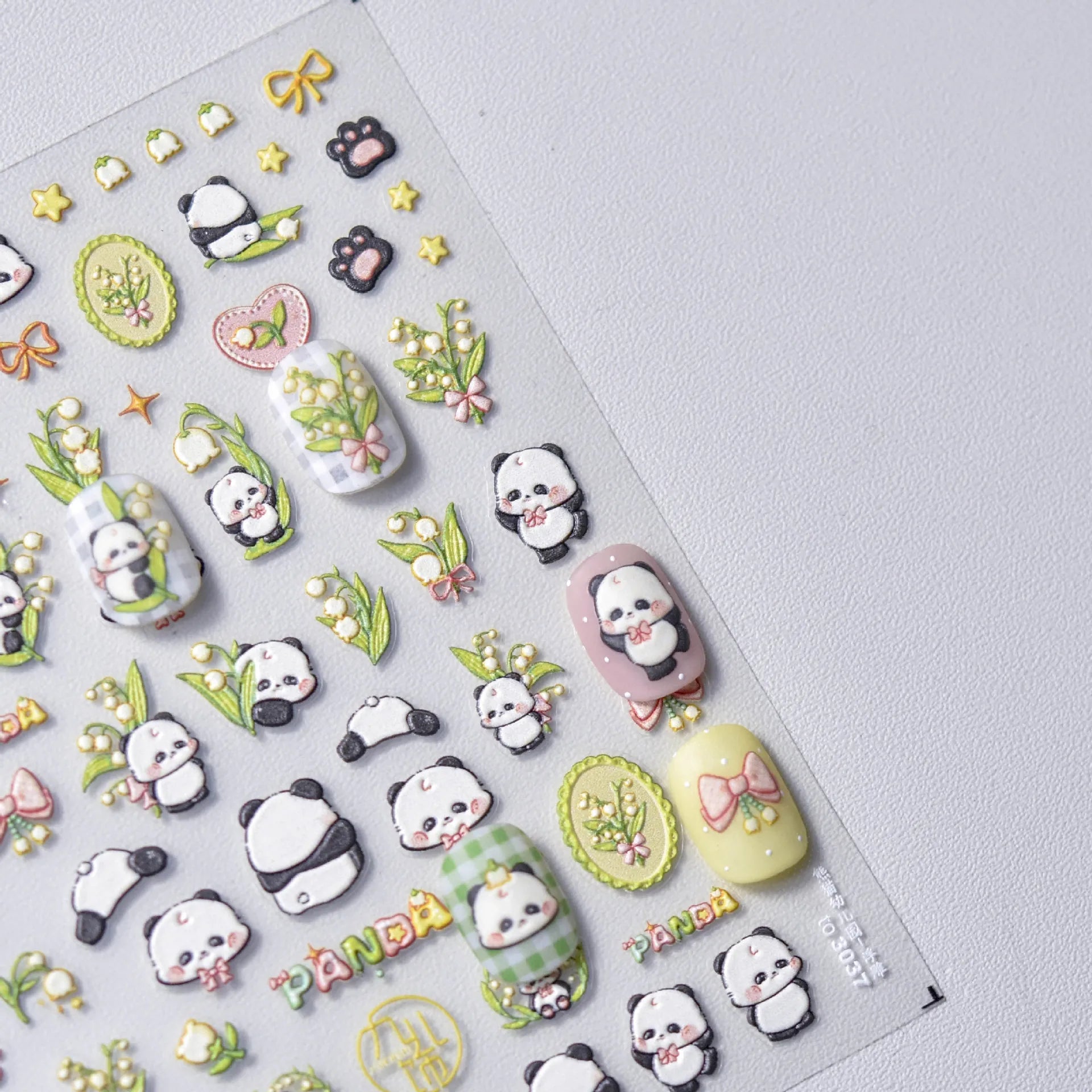 1pcs 5D Embossed Chinese Bamboo Panda Design Nail Art Kawaii Stickers Self-adhesive Transfer Nail Decorations Slider Decals DIY