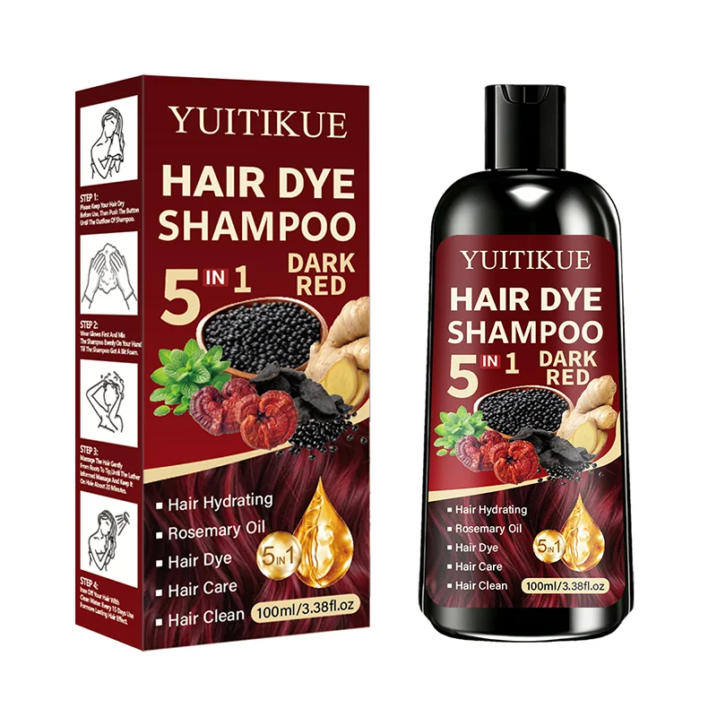 YUITIKUE 5 In 1 Hair Dye Shampoo Dark Red 100ml, Hydrating Rosemary Formula, Quick Color Shampoo For Gray White Hair
