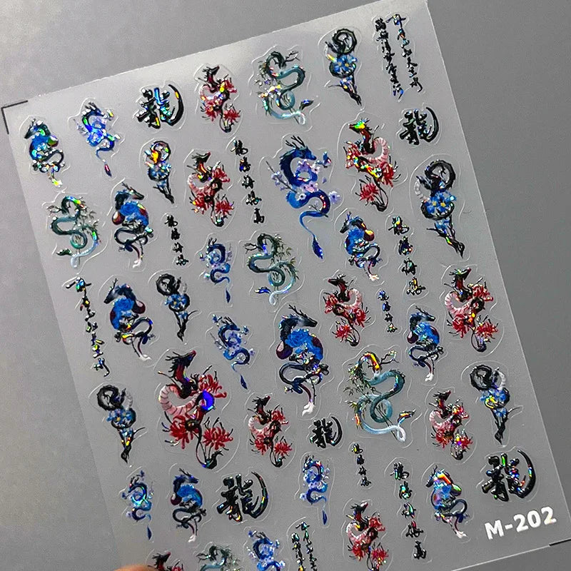 5D Kawaii Ink Wash Fairy Fox Dragon Loong Nail Art Stickers Cartoon Star Animals Backglue Nail Decoration Decals Accessories