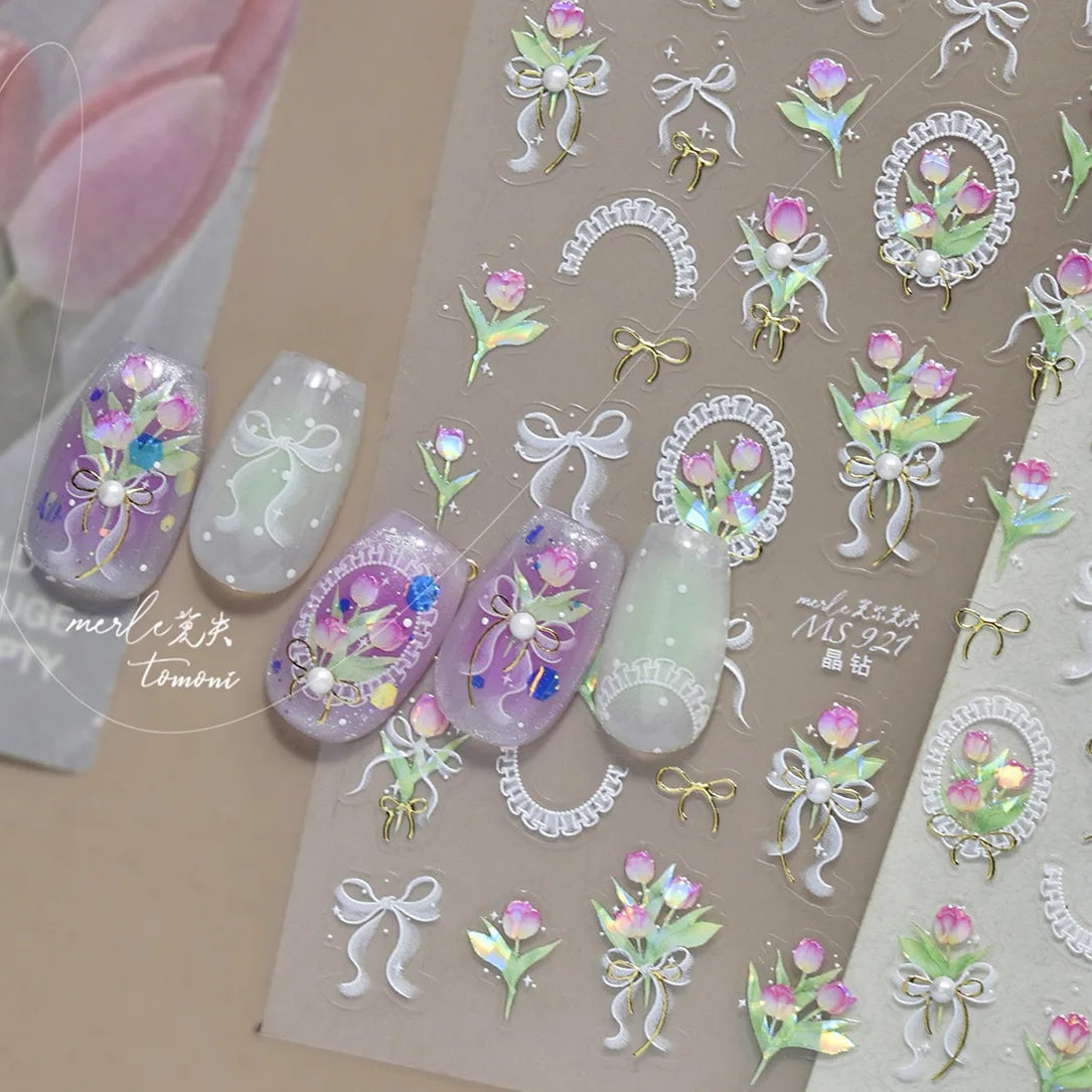 Cherry Blossom Nail Art Stickers 5D Embossed Nail Stickers Spring Self Adhesive Nail Decorations Stickers Decals Manicure Tools