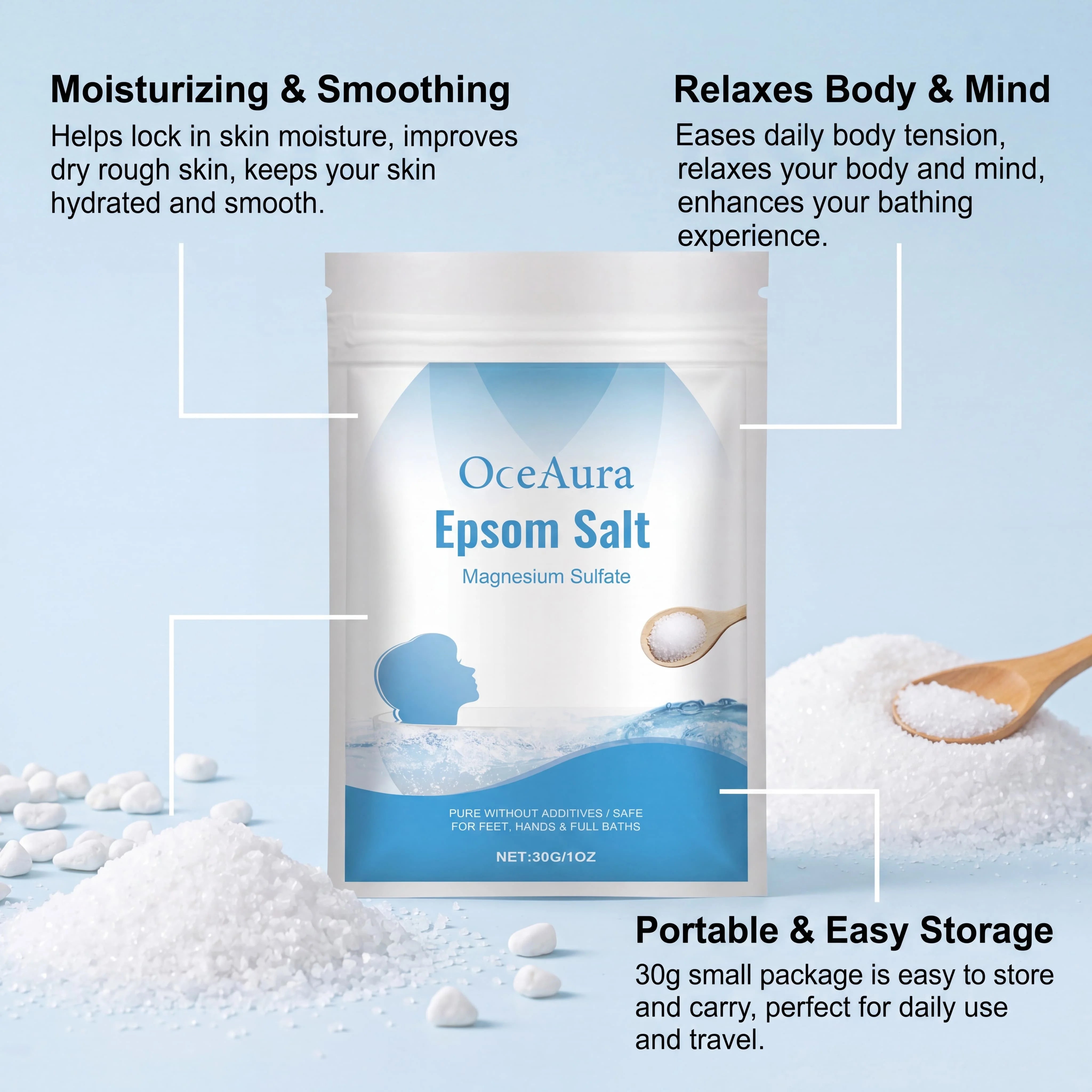 Pure Epsom Salt Magnesium Sulfate for Foot Hand Full Body Bath Soothing Relaxing Moisturizing Bath Salt Skincare