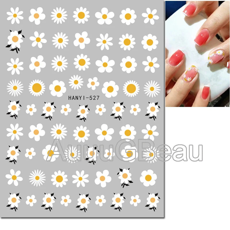 3d Nail Art Decals Geometric Lines Daisy Sunflowers Letters Adhesive Sliders Nail Stickers Decoration For Manicure