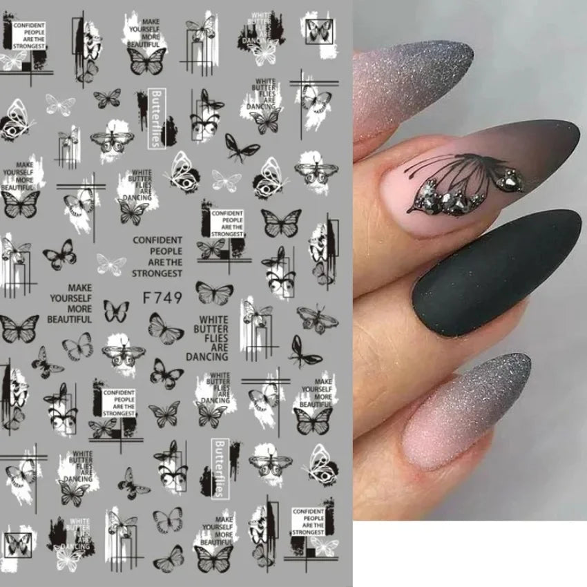 1PCS Black White Butterfly Laser Nail Stickers Y2K Nail Art Decoration Abstract Lines Bronzing Flowers Stickers For Nails