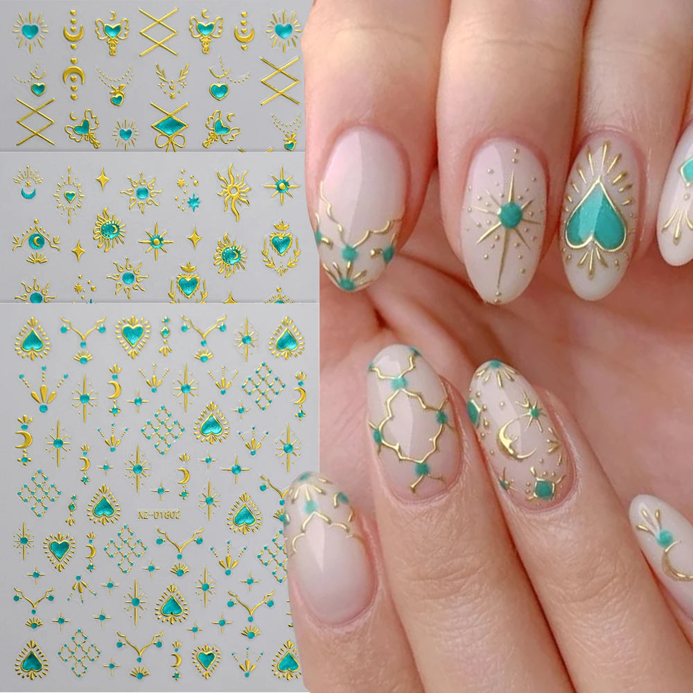5D Gold Snake Star Moon Nail Art Stickers Lake Blue Gem Love Heart Nail Decal Y2 Holographic Metal Evil Eye Bohemian Nail Slider