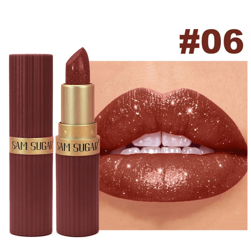 Diamond Pearlescent Lipstick Glitter Shiny Metallic Lipstick Lip Tint Long Lasting Nude Shimmer Shiny Lip Gloss Makeup