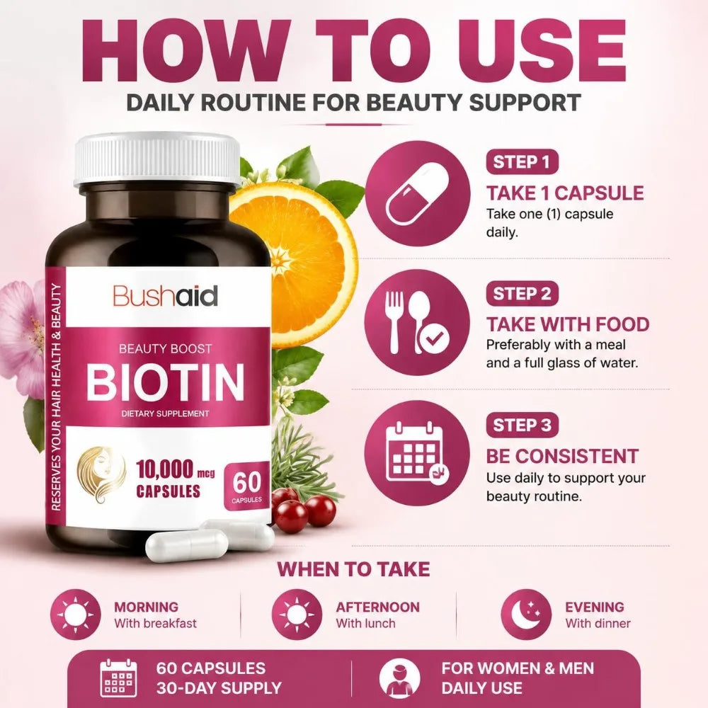 Bushaid Biotin 10000mcg Hair Growth Skin Nails Support Vitamin C E Zinc Selenium Horsetail Non-GMO Vegan Gluten Free 60 Capsules