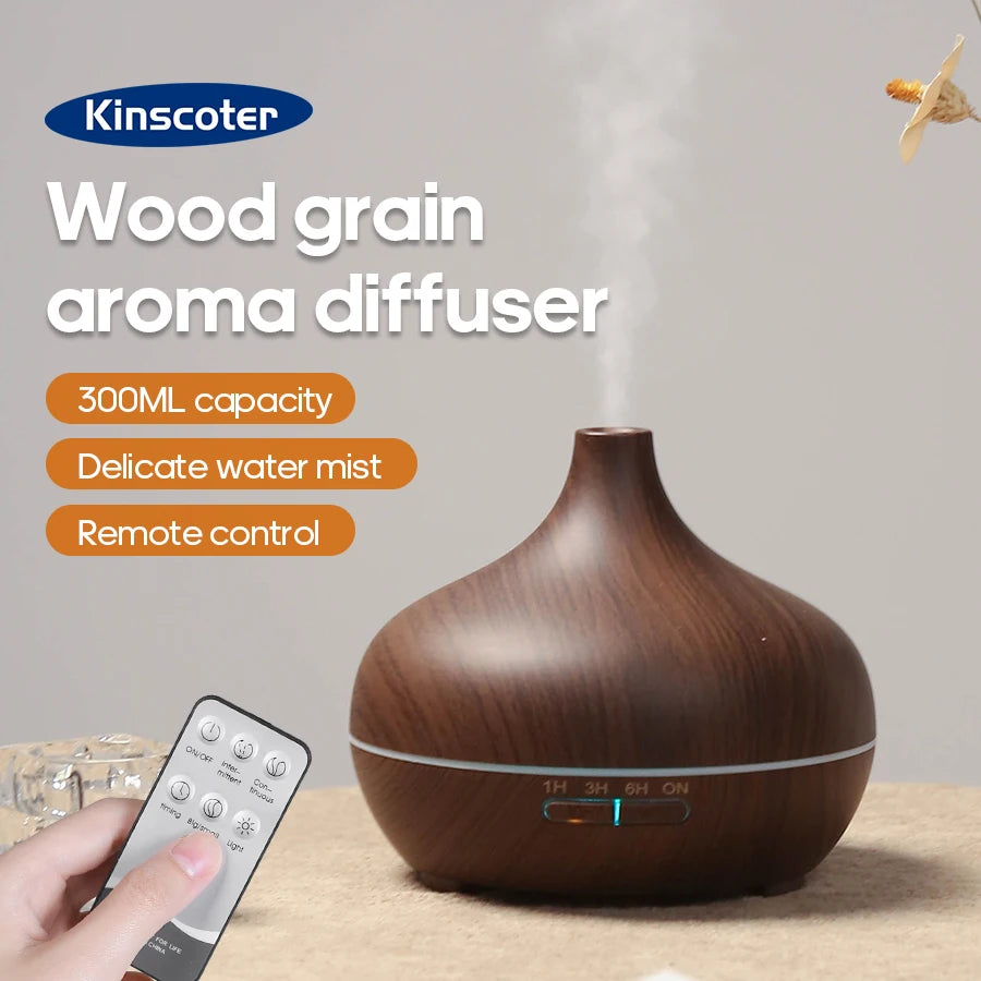 KINSCOTER Wood Grain Aromatherapy Diffuser 300ml Essential Aroma Oils Ultrasonic Air Humidifier 3 Timers USB Color Light