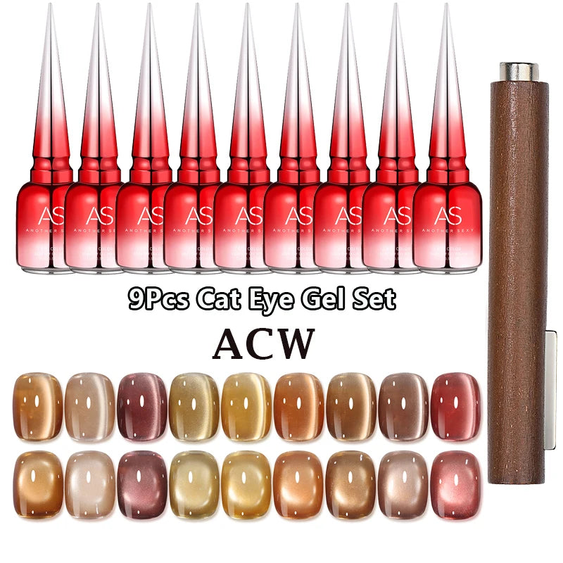 AS 9pcs Cat Eye Magnetic Moonlight Gel Nail Polish Set 15ml Sparkle White Silver Water Light Red UV Gel Nail Art Manicure Vernis