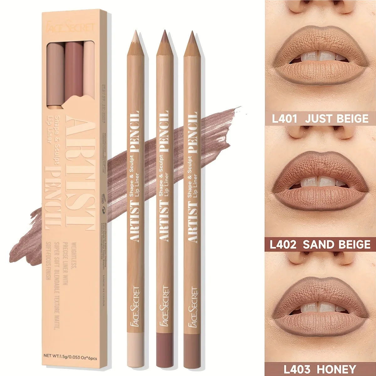 Face Secret 3pcs/Set Coffee Tones Beige Matte Lip Liner Waterproof,Long-Lasting, Velvet Smooth Natural Soft Pencil Lipstick