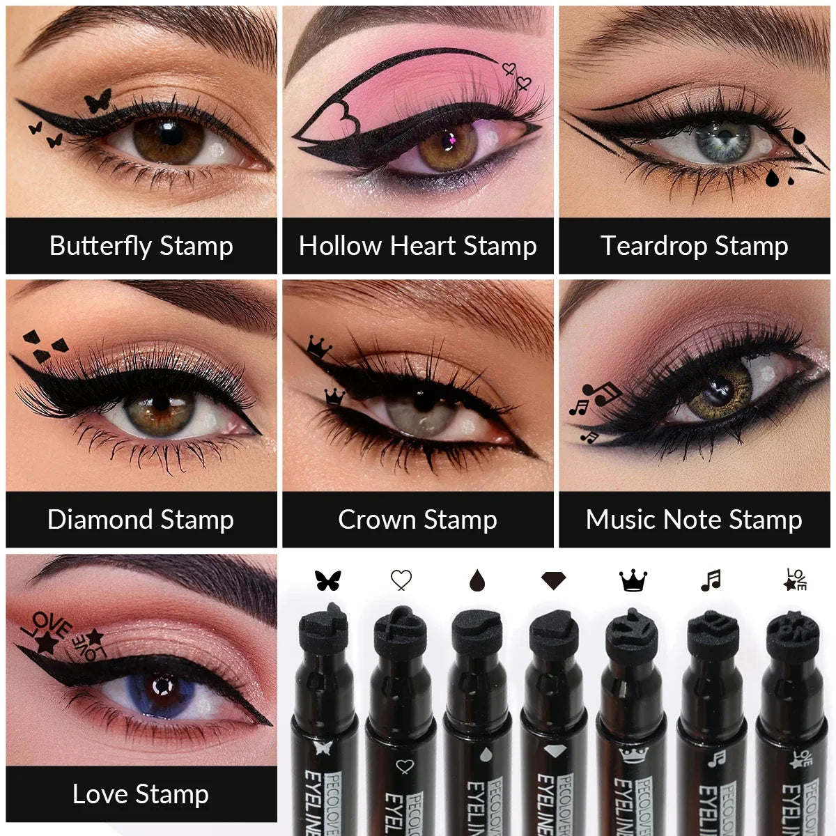 7PCS/SET Double Head Moon Star Heart Flower Liquid Eyeliner Pen Black Stamp Makeup Seal Eyeliner Pencil Waterproof Cosmetic