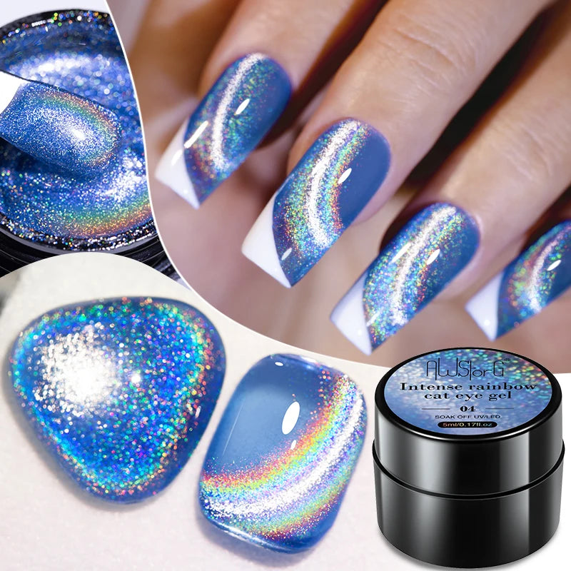 AWStorG Intense Rainbow Cat Eye Gel 5ml Holographic Laser Magnetic Nail Gel Soak Off UV LED Gel Polish Shiny Rainbow Manicur