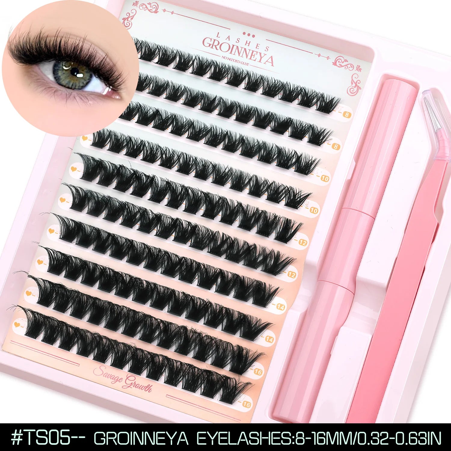GROINNEYA Fluffy Lash Clusters Kit With Waterproof Strong Hold DIY Lash Extension Kit Lash Bond & Seal & Eyelash Tweezers Makeup