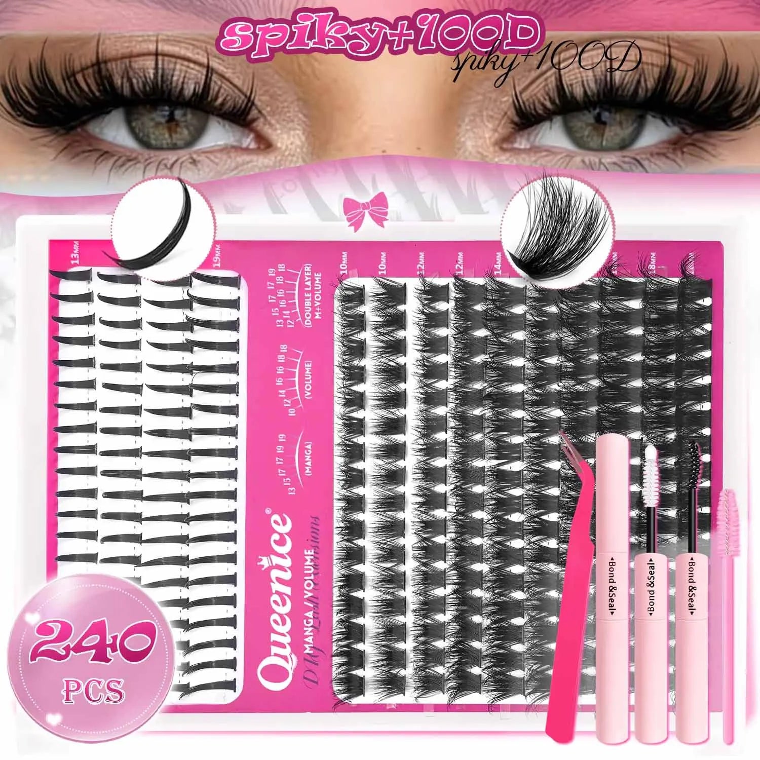 Eyelash Extension Kit Spiky Lashes Extension Thick Individual Cluster Lashes with Spikes&Bottom Lashes Bond And Seal Makeup