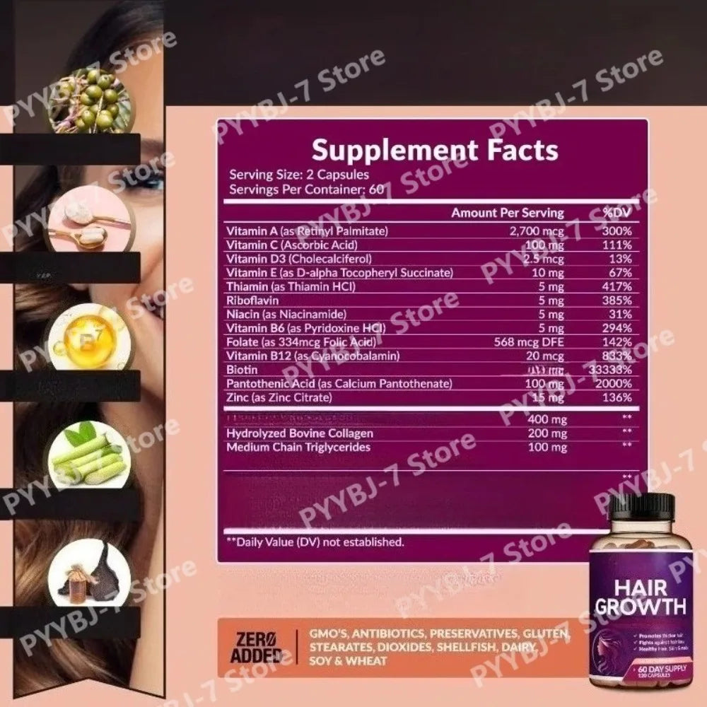 Biotin Collagen Hair Growth Supplement with Vitamins A C D3 E B12 Zinc Supports hair wellness appearance for Women