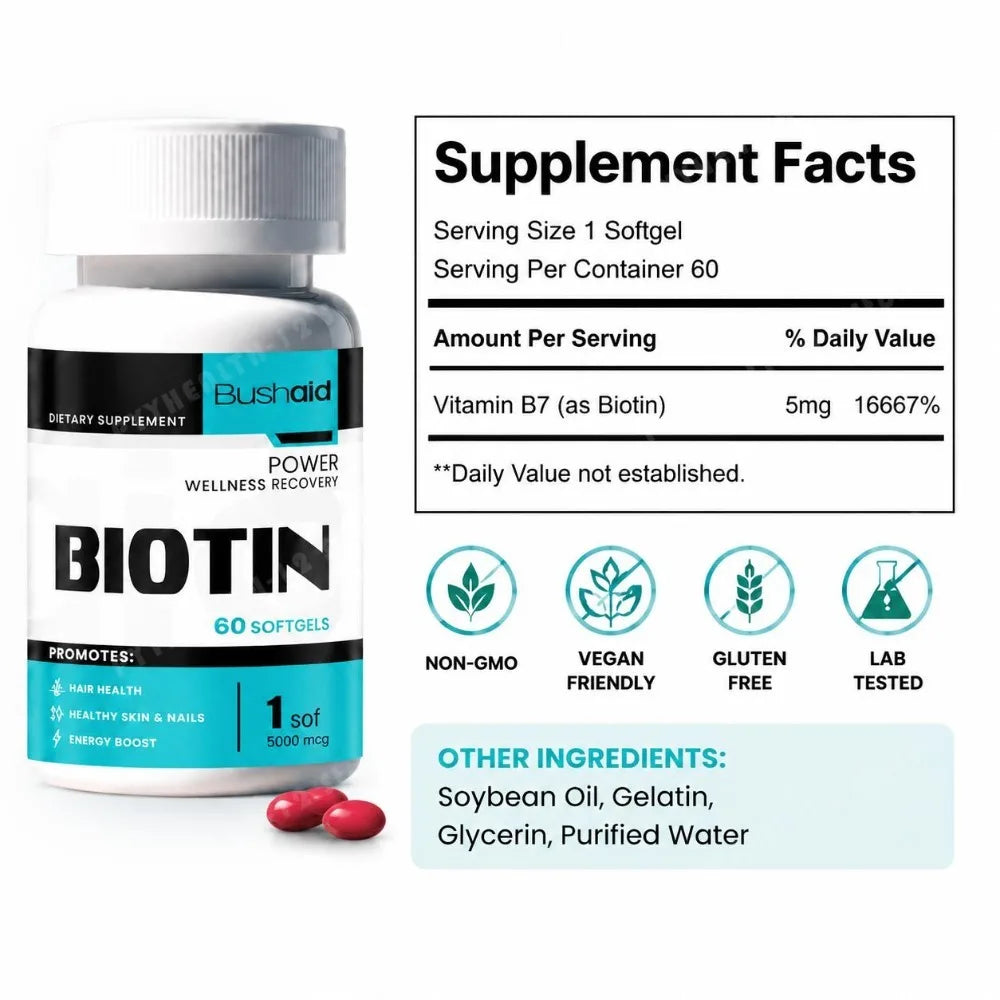 Bushaid Biotin 5000mcg Softgels Hair Skin Nails Vitamin B7 Keratin Support Energy Non-GMO Gluten Free 60 Softgels 60 Day