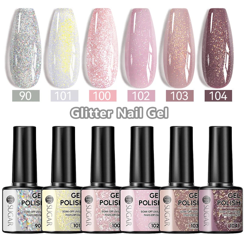 UR SUGAR 7ml Champagne Gold Sequins Gel Nail Polish Bright Sparkling Glitter French Semi Permanent Nail Painting UV Gel