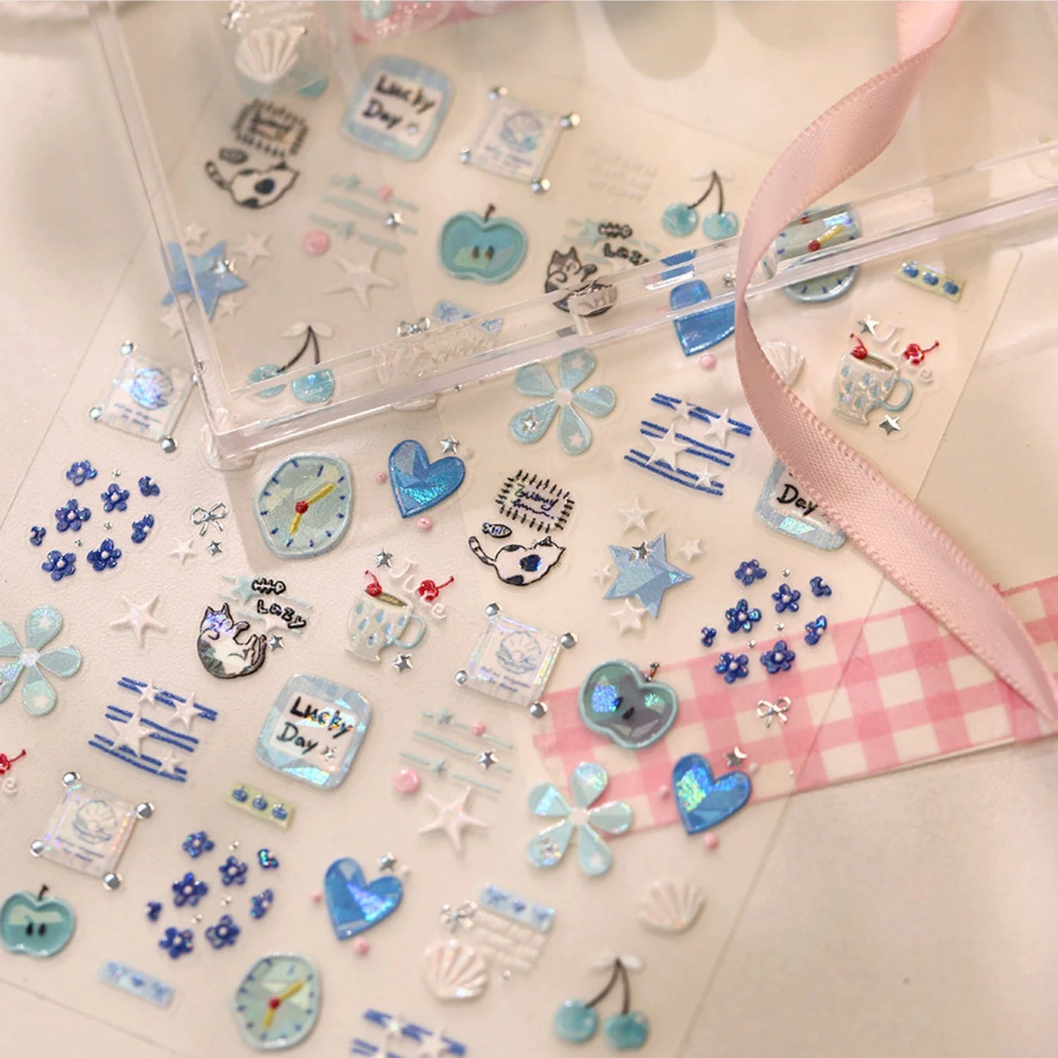 Light Blue 5D Nail Art Stickers Cartoon Cat Cherry Apple Clock Starfish Shell Blossom Decal Self Adhesive Sweet Fresh Manicure