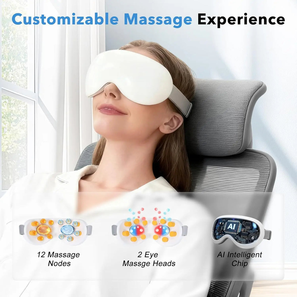 Eye Massager with Cooling 12 Vibration Node Rechargeable Relaxation Eye Care Device with Bluetooth for Puffiness Improve Sleep