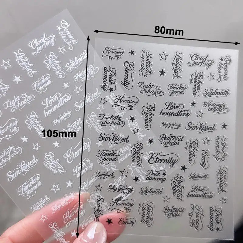 Angel Wings Letter Nail Stickers Black White 3D Alphabet Mixed Patterns DIY Nail Art Decoration for Nails