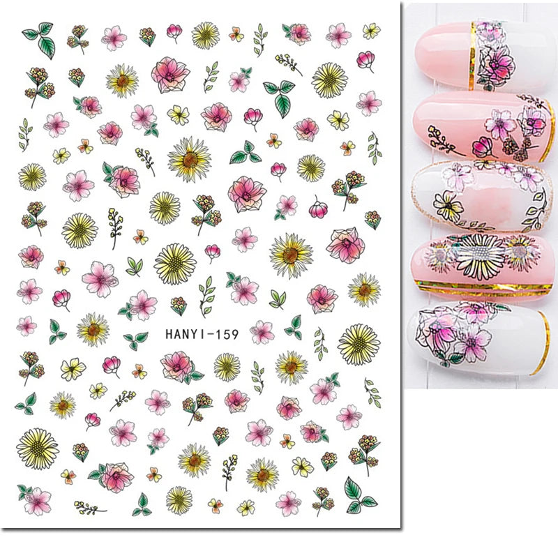 3d Nail Art Decals Geometric Lines Daisy Sunflowers Letters Adhesive Sliders Nail Stickers Decoration For Manicure