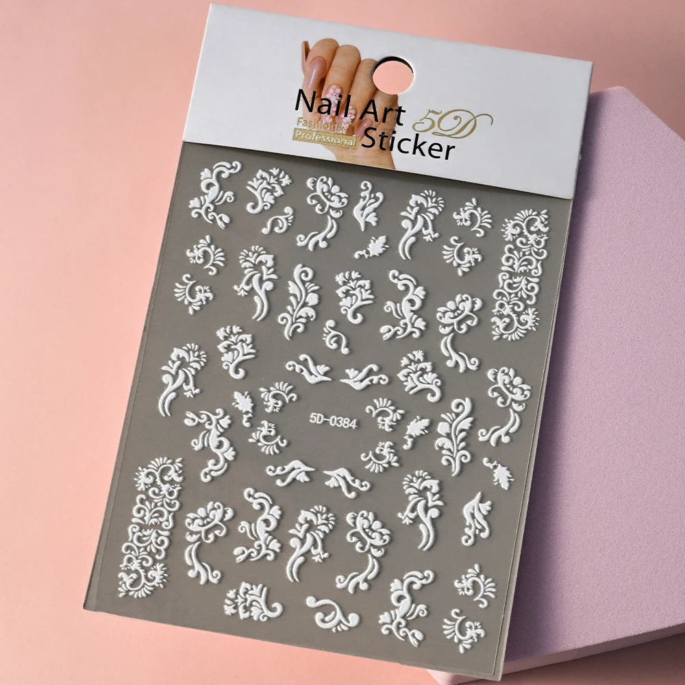 5D White Face Flowers Nail Art Stickers 8x10cm Elegant Wedding Bride White Floret Nail Decal Self-Adhesive Flowers Nail Slider