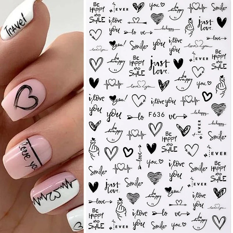 1PCS Black White Love Nail Stickers Letter Nail Design Flower Print Supplies Nail Art Decals Suitable For Women's Manicure