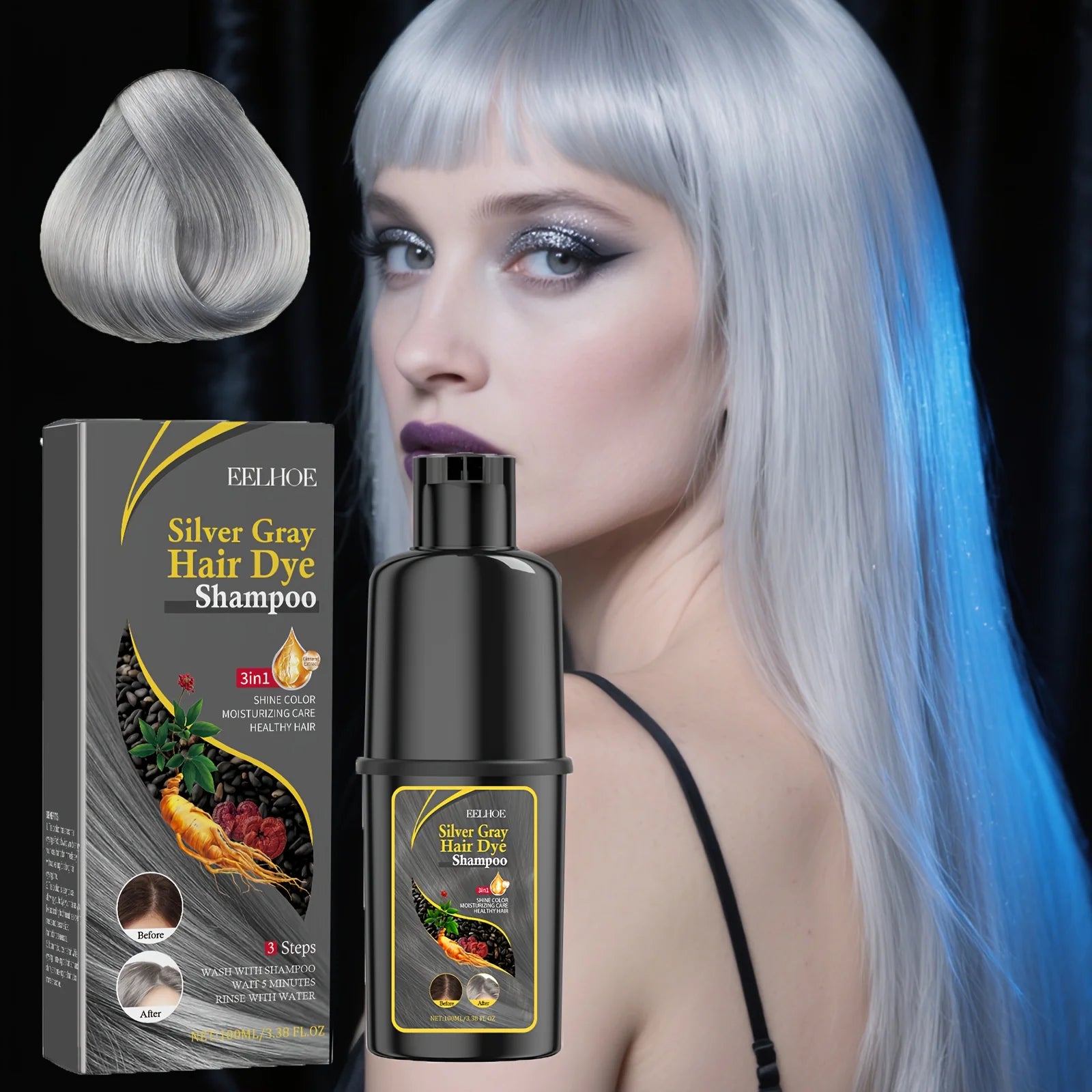 Silvery Gray Hair Dye Shampoo Natural Color Fast Coloring Long-Lasting Toning Moisture Lock for Voluminous Curls Without Damage