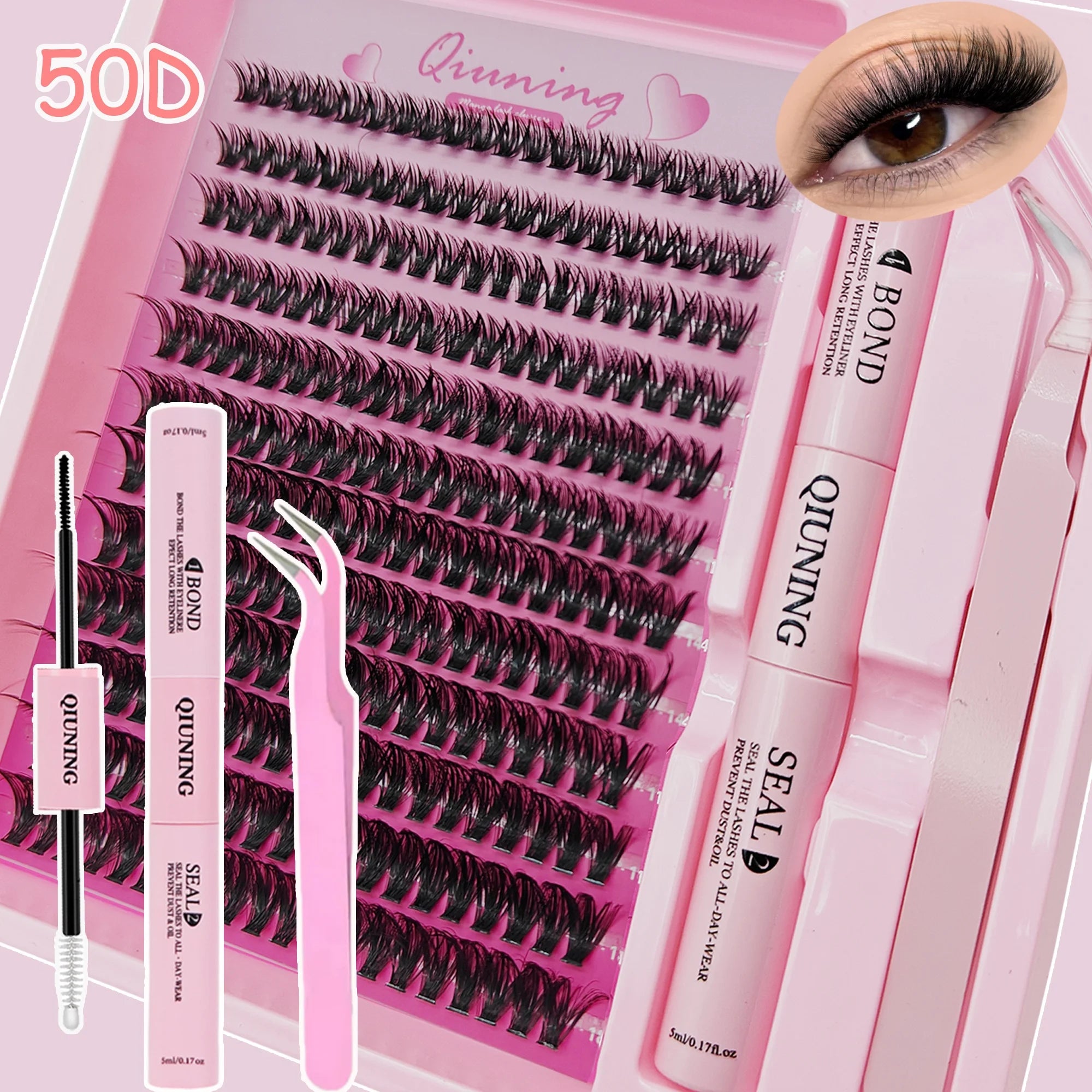 QIUNING Eyelash Clusters Kit Fluffy Individual Lashes Lash Bond and Seal and Remover Faux Mink Lashes Eyelash Extension DIY