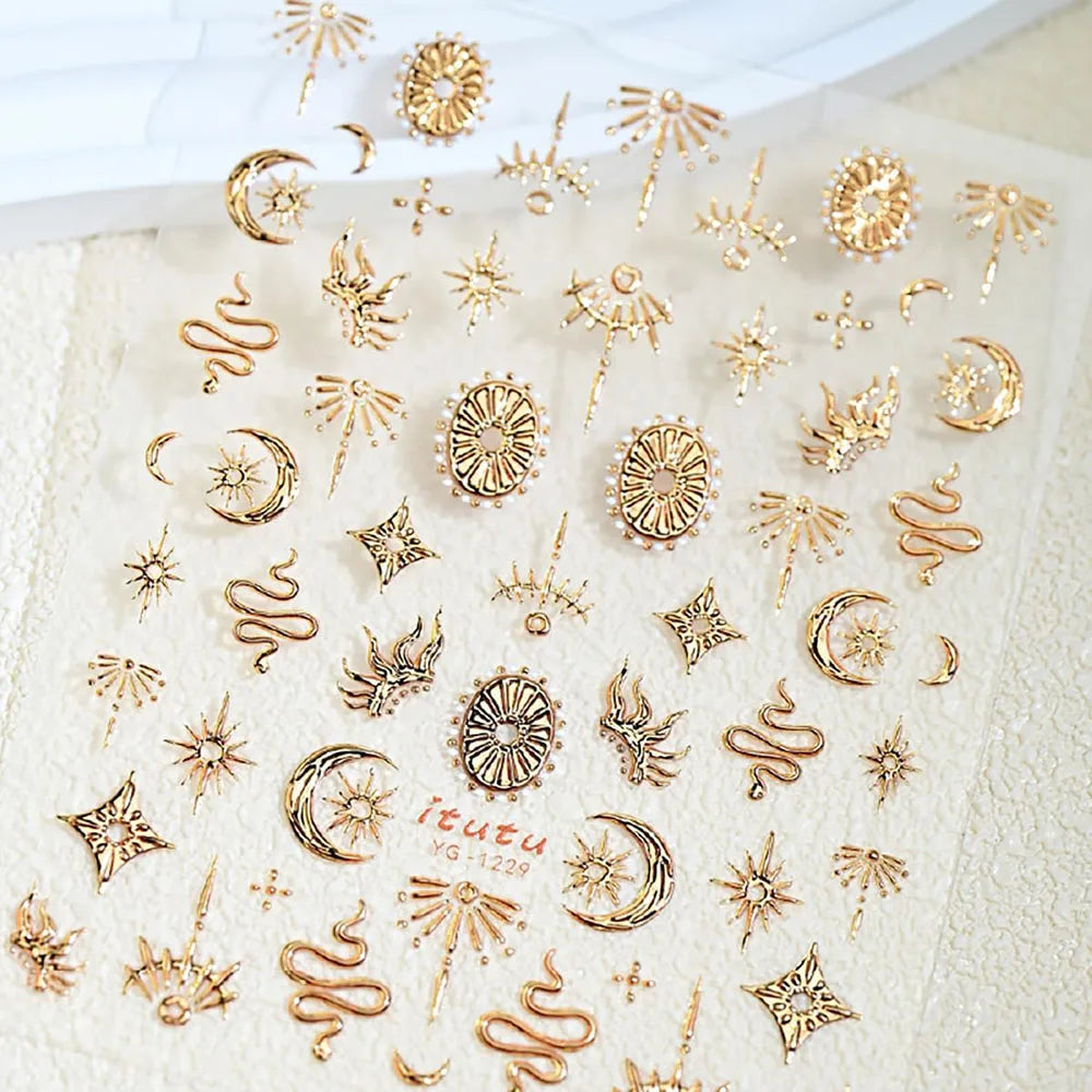 Gold Silver Snake Stars Nail Stickers for Nail Decoation Decals 5D Self-Adhesive Bronzing Stars Moon Totem DIY Supplies Slider