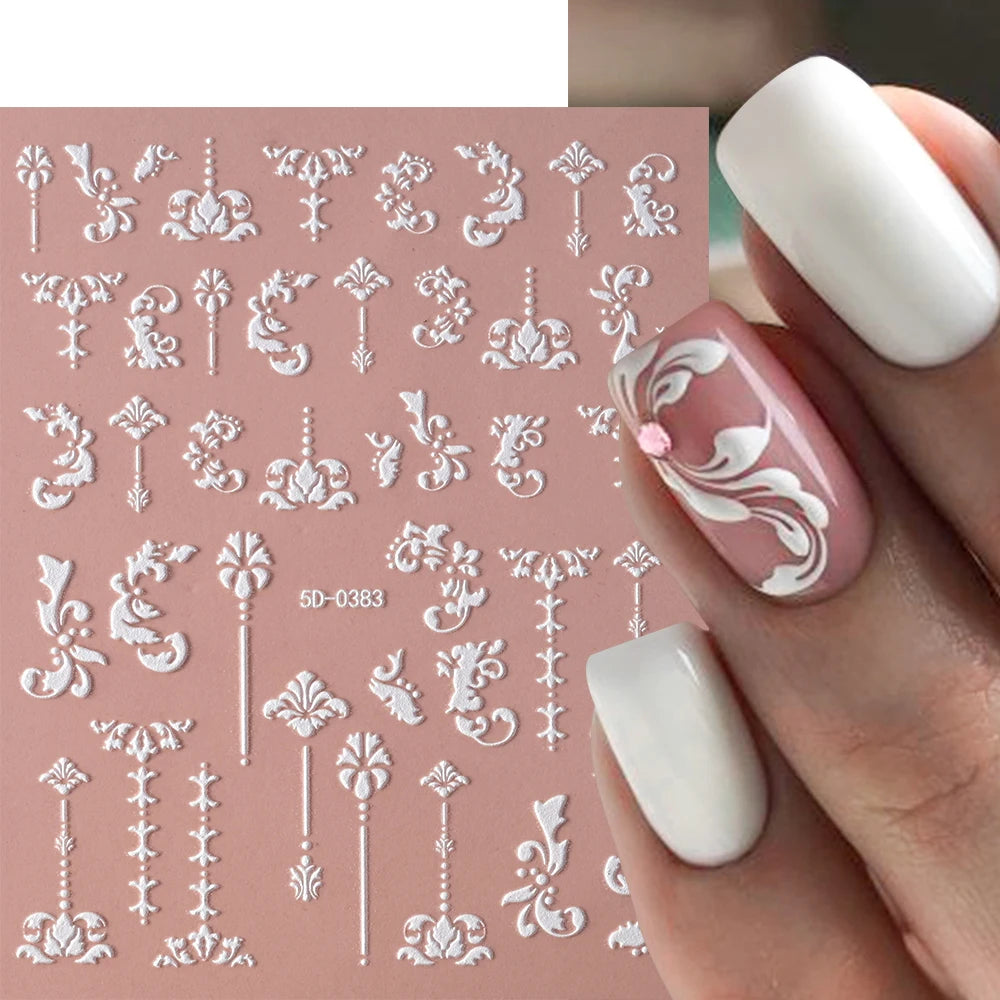 5D White Face Flowers Nail Art Stickers 8x10cm Elegant Wedding Bride White Floret Nail Decal Self-Adhesive Flowers Nail Slider