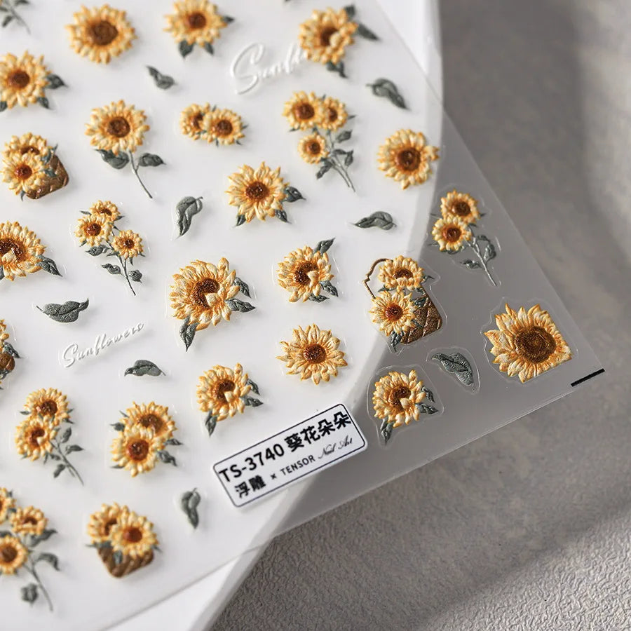 1 pc 5D sunflower nail stickers rose daisy cherry blossom self-adhesive nail art stickers oil painting style decorative sticker