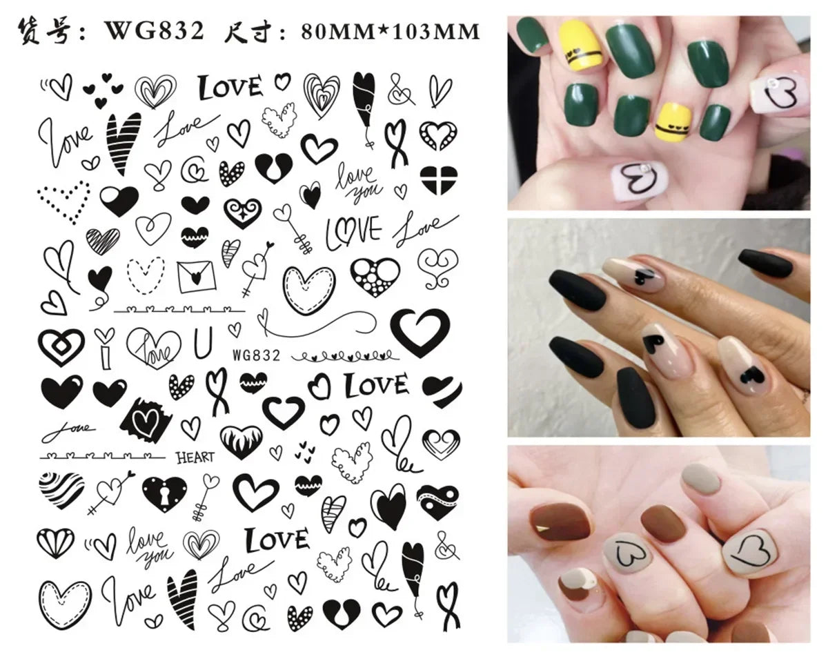 1PCS Black White Love Nail Stickers Letter Nail Design Flower Print Supplies Nail Art Decals Suitable For Women's Manicure