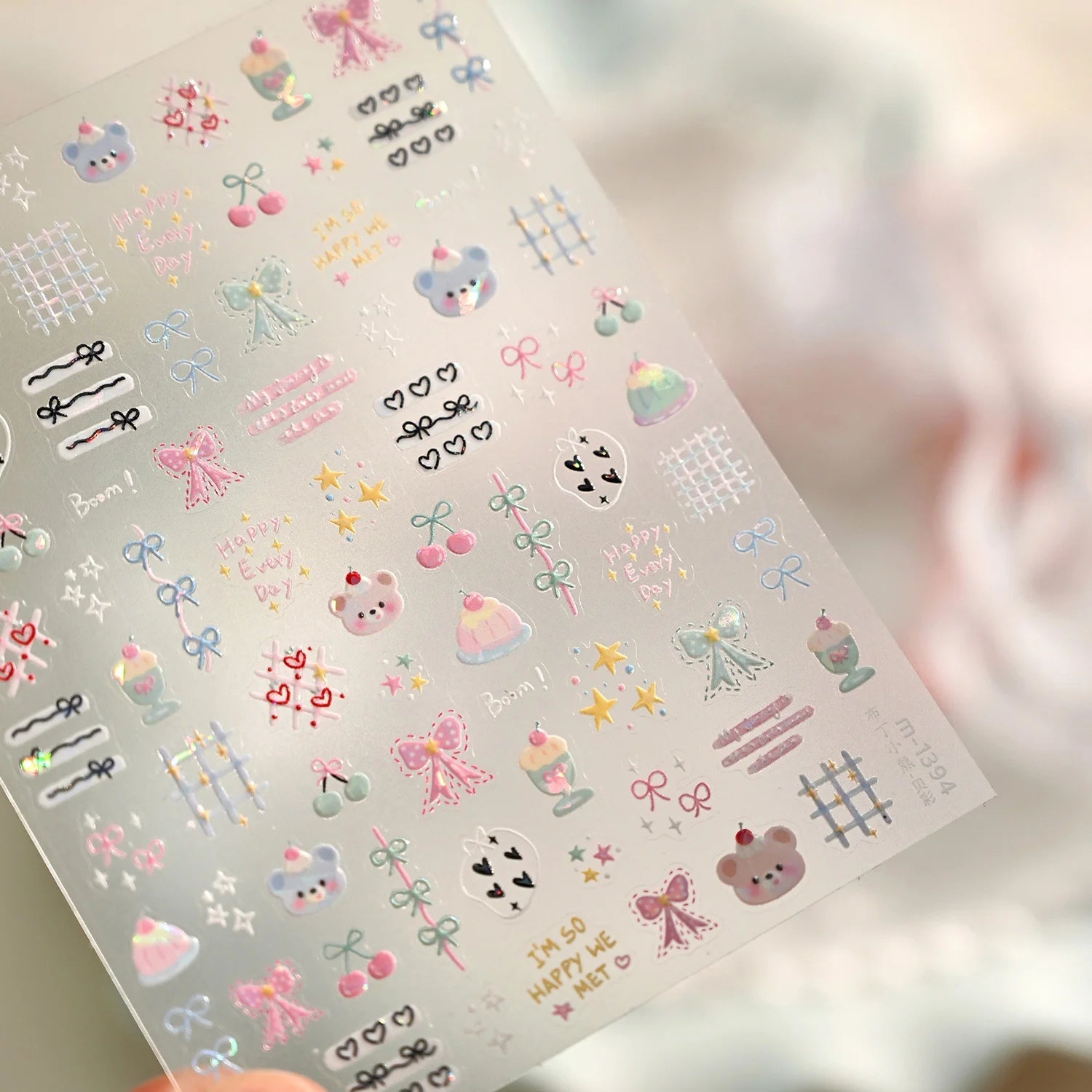 5D Pink Blue Bear Dessert Cake Pudding Candy Cane Heart English Slogan Nail Art Stickers Cute Baby Bear Party Embossed Decals