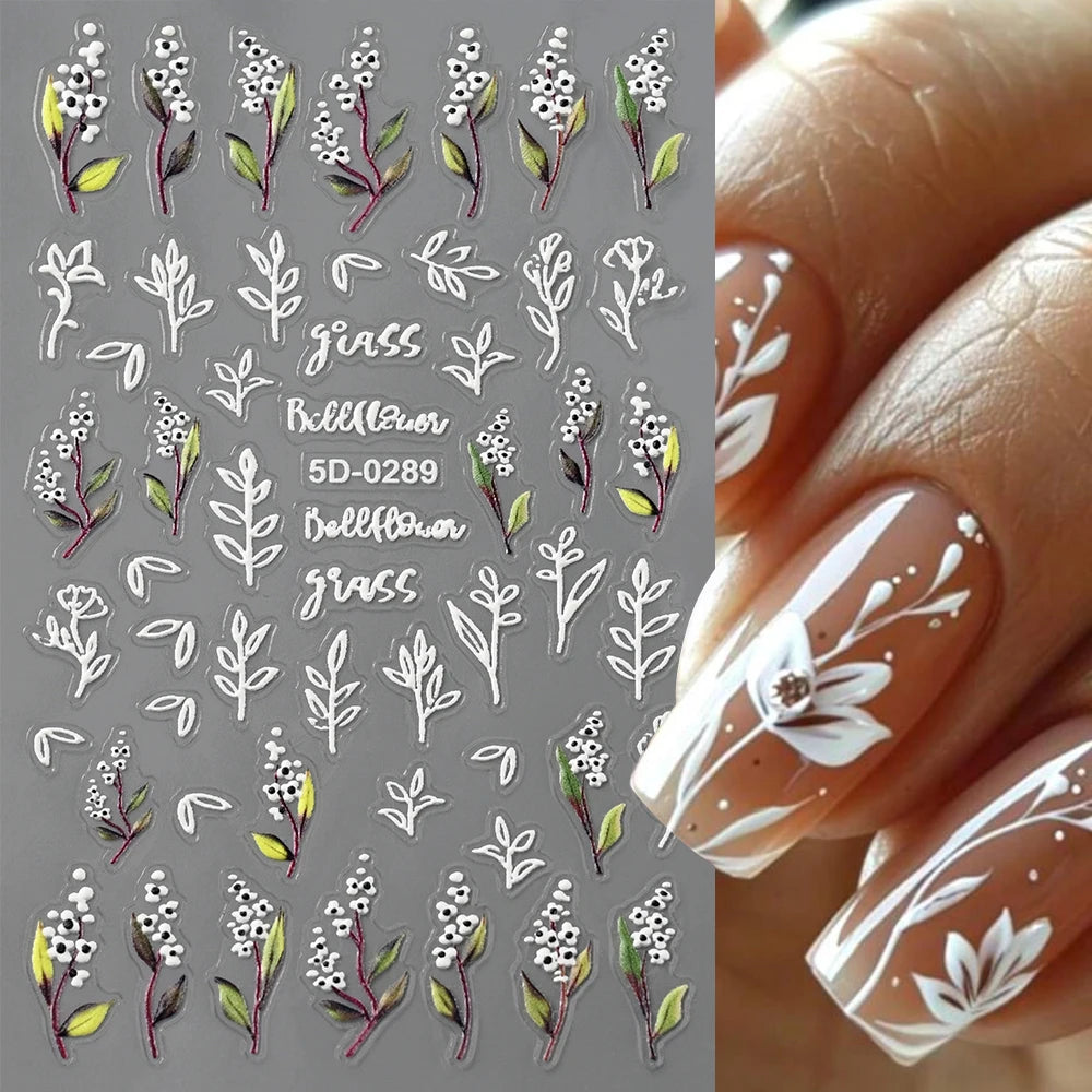 5D Pink Blue Floral Nail Art Stickers Petals Leaf Plant Embossed Nail Decals Spring Summer Flower Design for DIY Nail Supplies