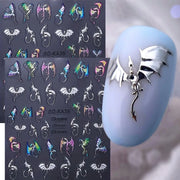 Metallic Silver ChameleonDragon Nail Art Stickers Evil Bat Flying Dragon Designs Y2K Halloween Embossed Nail Decals Decoration