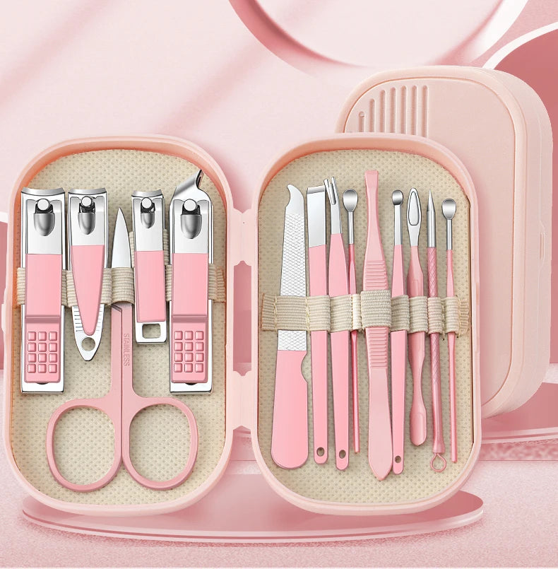 8/14 Piece Deluxe Manicure & Pedicure Set Pink And Blue Stainless Steel Nail Scissors, Clippers, Ear Digging Spoon for Men Women