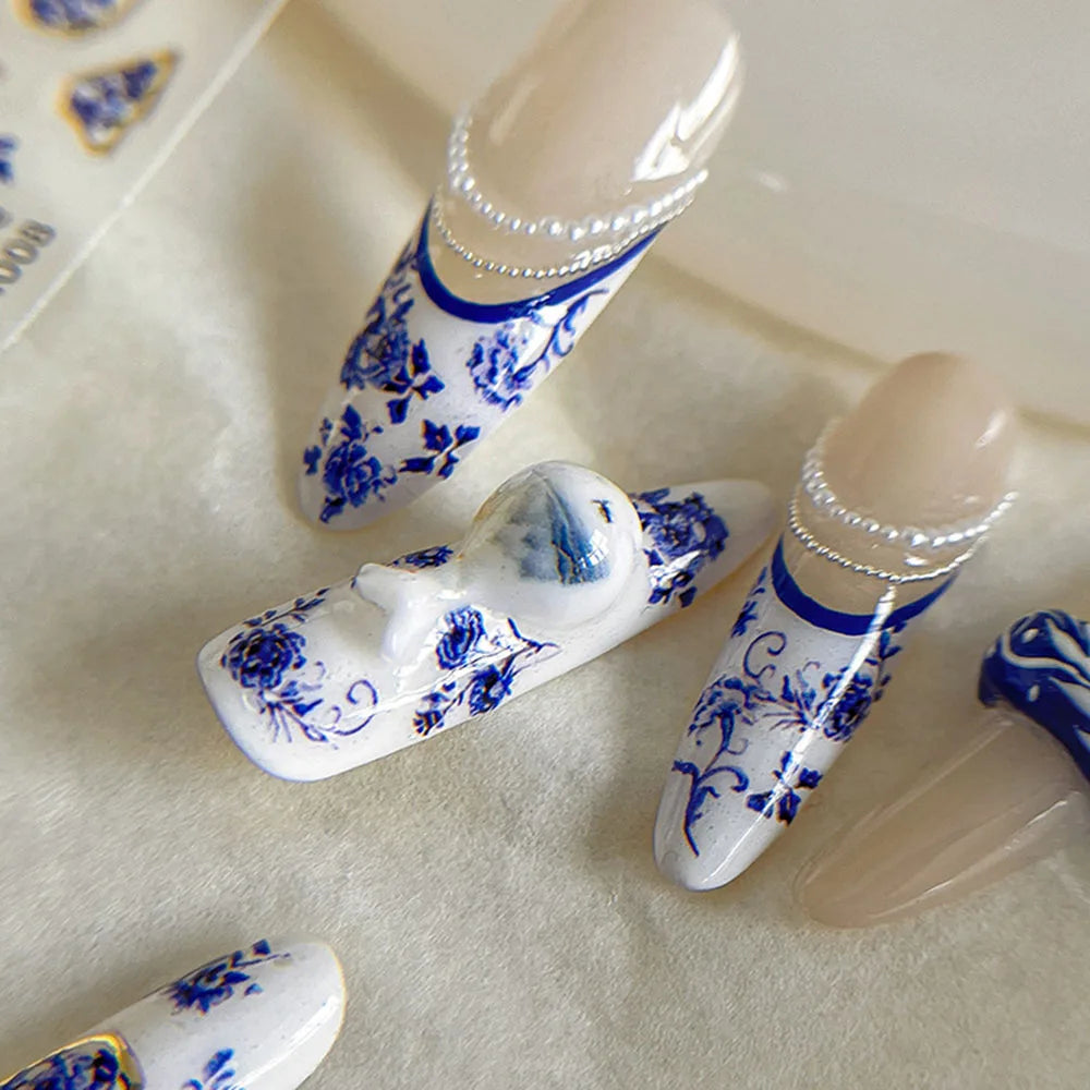 Blue Bronzing Flower Nail Stickers Chinese Style Blue and White Porcelain Nail Decals Back Glue Adhesive French Nail Art Sticker