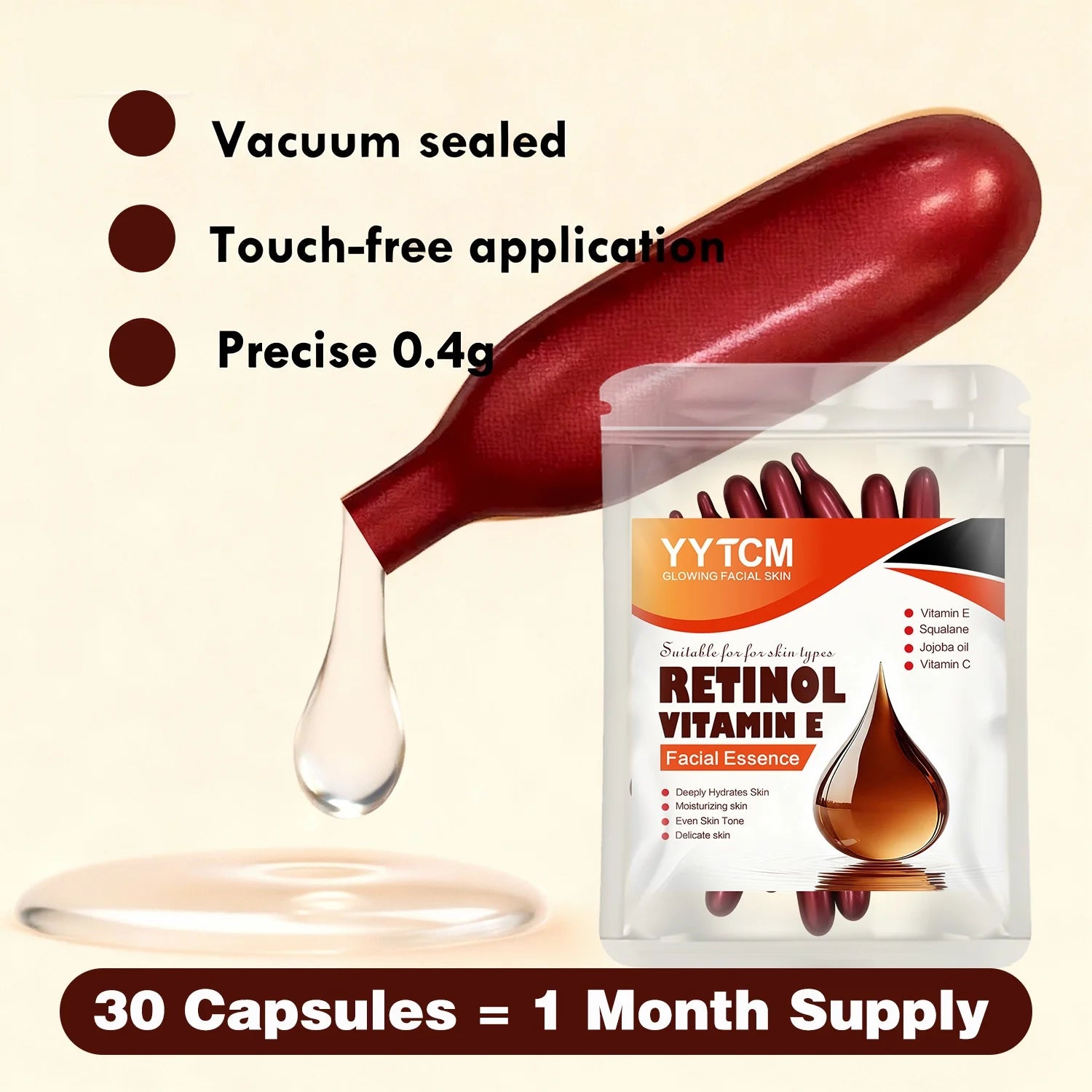 Retinol Vitamin E Deep Moisturizing Capsule Essence, Hydrates, Firms, and Smooths Skin, Contains Plant-Based Squalane, Vitamin C, Deep Moisturizing and Brightening Skin Essence (0.4Gx30 Capsules)/Pack-1 Pack