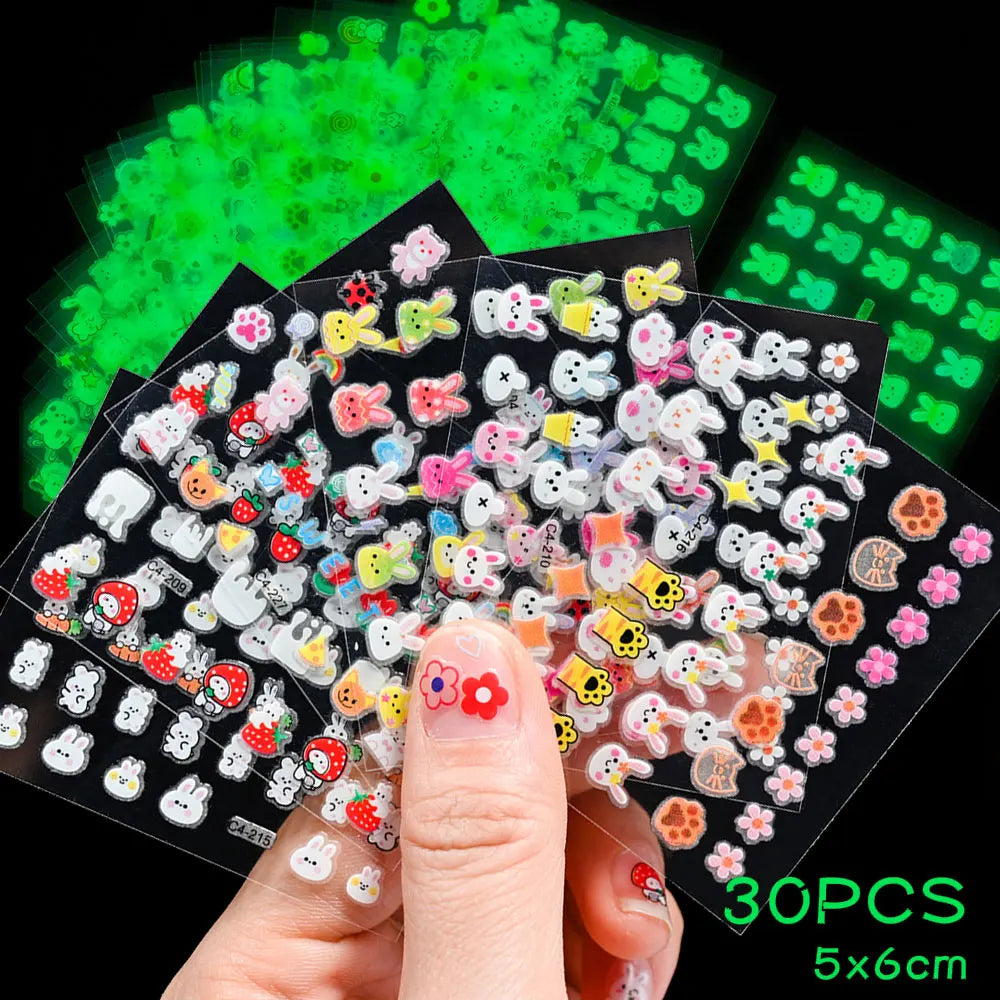 30pcs/set Luminous Children's Cartoon Rabbit Nail Stickers Glow in the Dark Cute Flower Nail Decals Adhesive Kawaii Kids Sticker