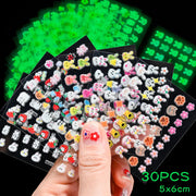 30pcs/set Luminous Children's Cartoon Rabbit Nail Stickers Glow in the Dark Cute Flower Nail Decals Adhesive Kawaii Kids Sticker