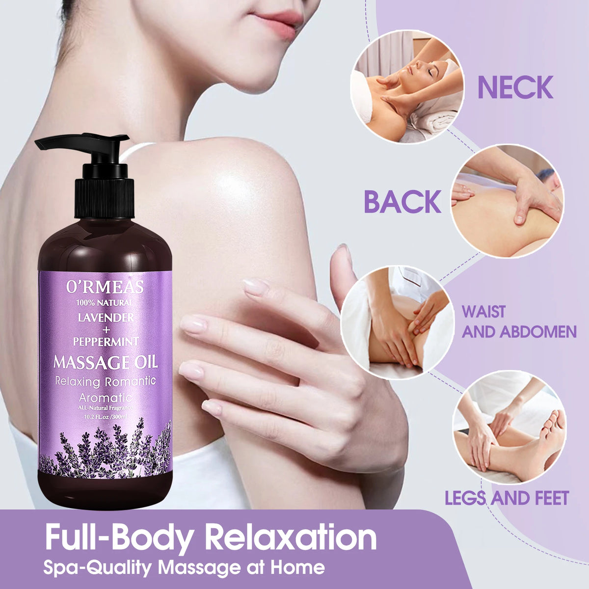 Lavender & Peppermint Infused Massage Body Oil - Warming & Moisturizing Formula for Men & Women, 10.2 Fl.Oz