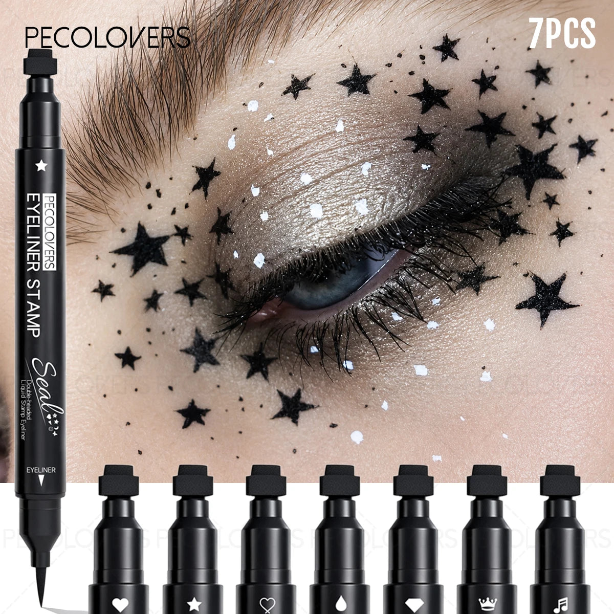 7PCS/SET Double Head Moon Star Heart Flower Liquid Eyeliner Pen Black Stamp Makeup Seal Eyeliner Pencil Waterproof Cosmetic